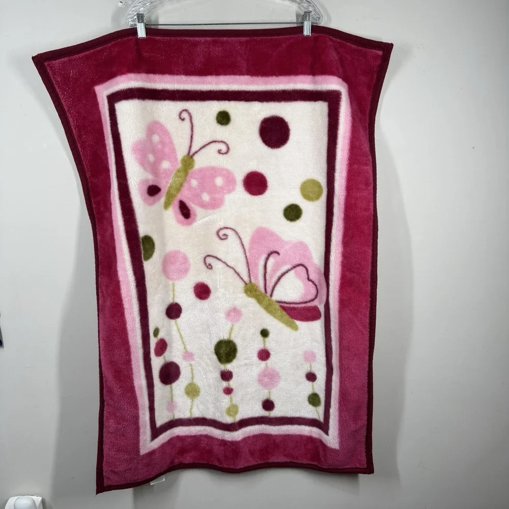 Lambs & Ivy Butterfly & Polka Dots Raspberry Plush Crib Lovey Blanket Throw